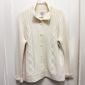 LL Bean Ivory Chunky Knit Ribbed Wool Blend Button Down Cardigan Sweater Size XL